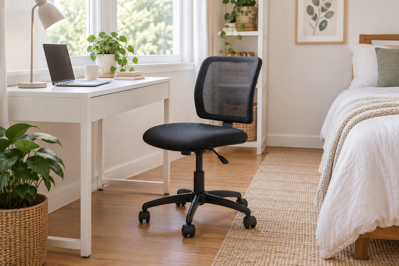 AI-generated illustration of a slim armless mesh desk chair with a low back beside a small white desk in a bedroom