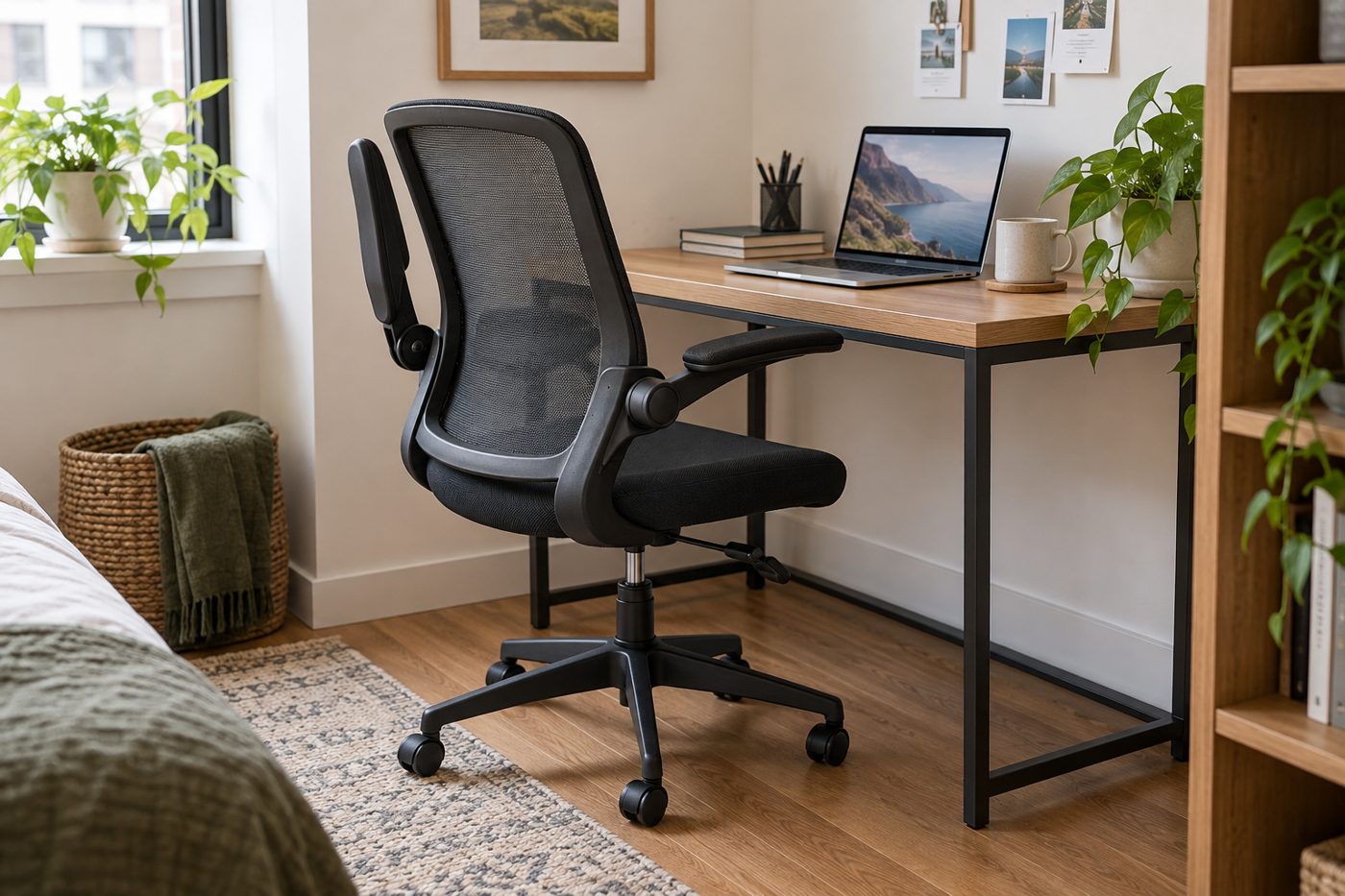 AI-generated illustration of a black mesh office chair with flip-up arms next to a small desk with a laptop in a small bedroom