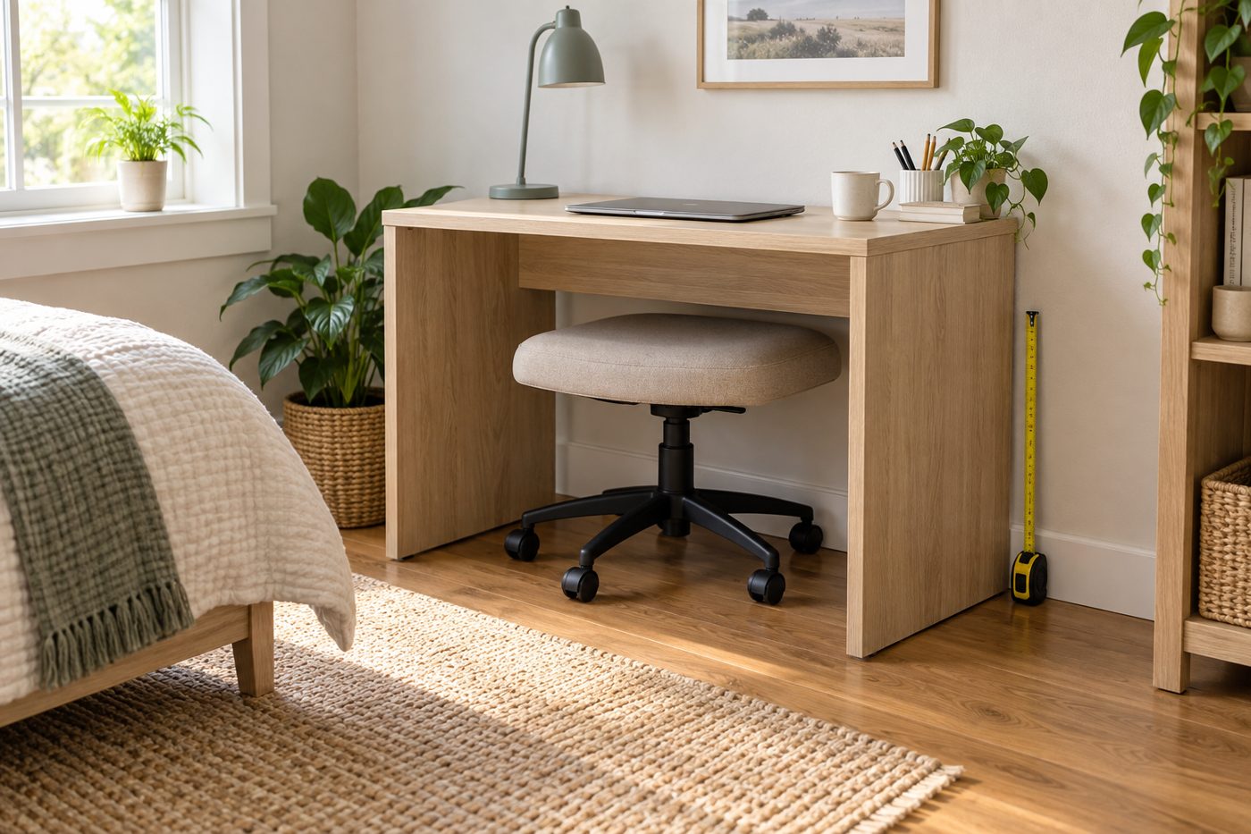 AI-generated illustration of a swivel chair tucked under a small wooden desk beside a bed with a tape measure leaning on the desk