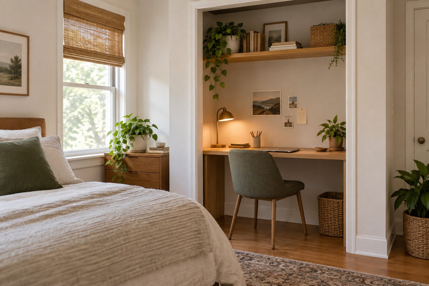 AI-generated illustration of a closet alcove converted into a small workspace with a shallow desk, a shelf above and a lamp, next to a bed