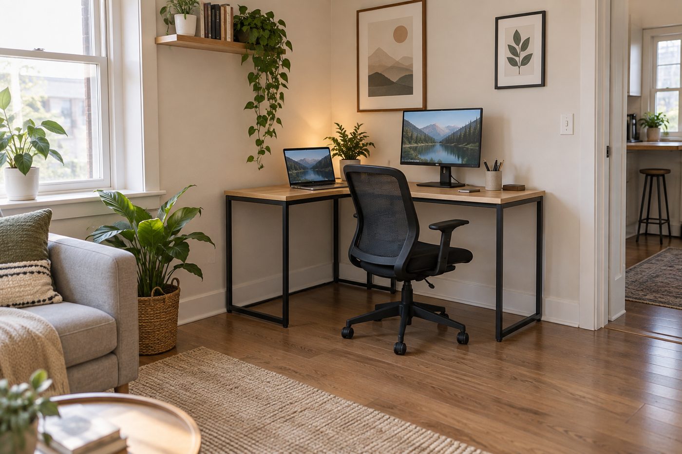 AI-generated illustration of a small corner desk with a laptop, monitor and mesh chair tucked into the corner of a bright living room