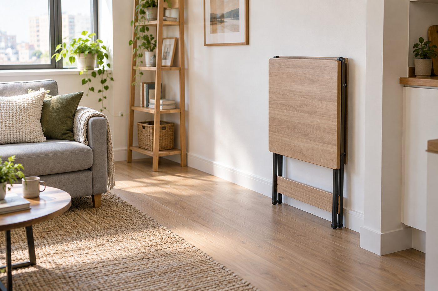 AI-generated illustration of a folding desk folded flat and stored against a wall in a small living room